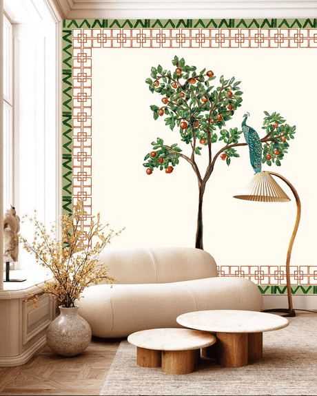 Wondering peacock in orange tree wallpaper - Urban nest